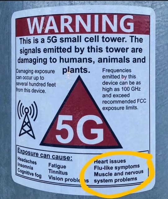 5G Warning Label says Heart Issues, Flu-Like symptoms, Tinnitus, Headaches, Insomnia, Fog.